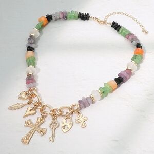 Cross Heart Key Leaf Charm Beaded Statement Necklace